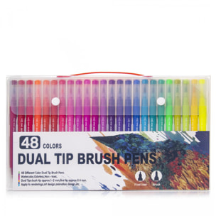 Set 48 Rotuladores color doble punta, punta fina 0,4 mms y punta pincel acuarelable profesional. Forma triángular ergonómica para lettering, caligrafía, ilustraciones…