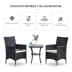 Conjunto de Muebles de Exterior de Ratán 1 Mesa 2 Sillas Estructura Metal Negro