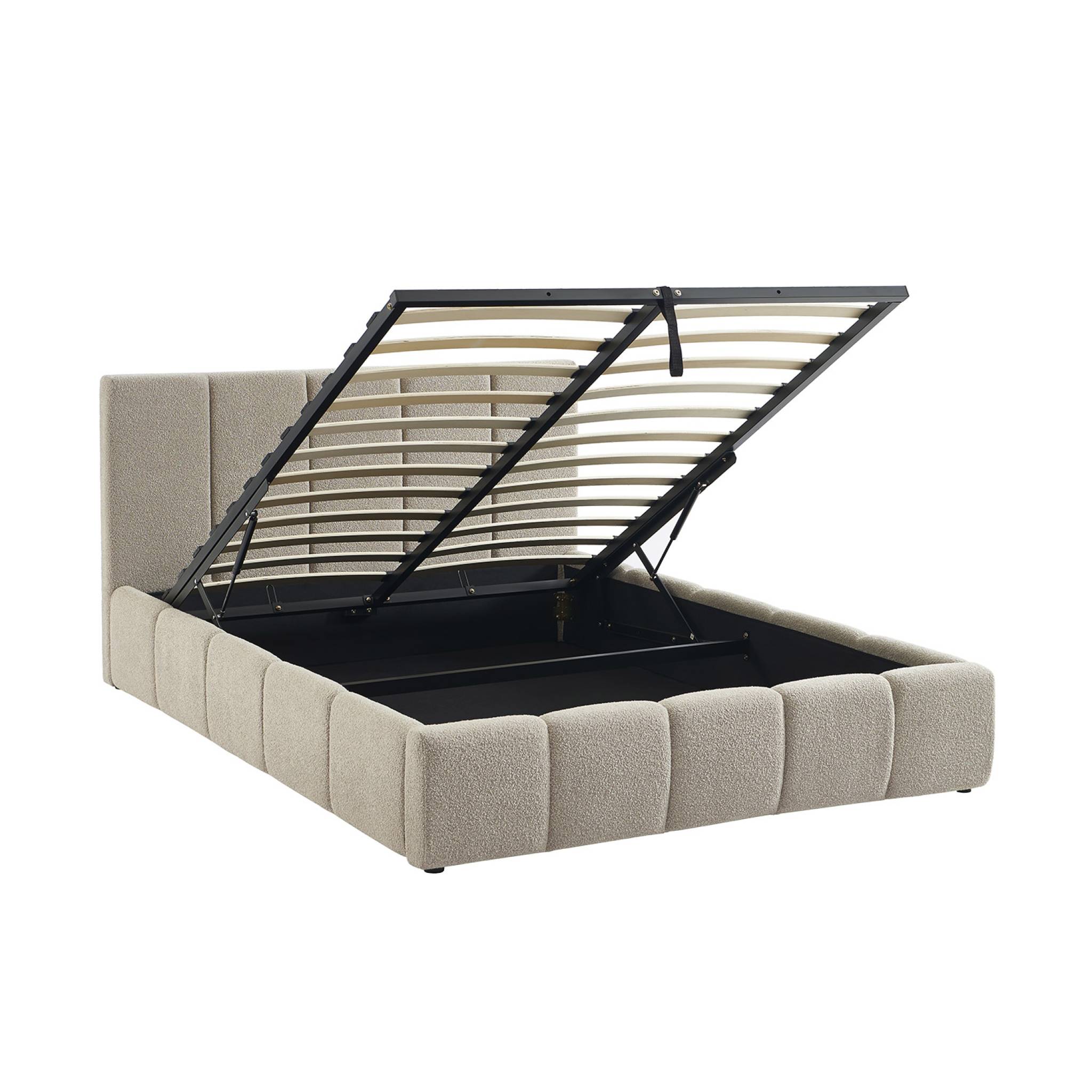 Lit coffre double avec sommier à lattes et tête de lit beige finition bouclette texturée 140x190cm- Lex