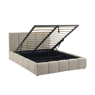 Lit coffre double avec sommier à lattes et tête de lit beige finition bouclette texturée 140x190cm- Lex