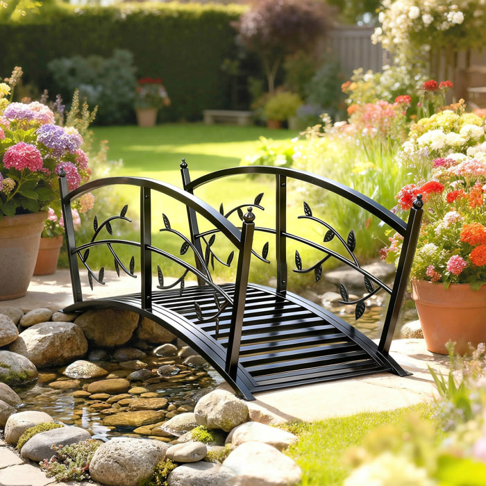 Puente de Jardín Metálico, 1,2 m, Puente Decorativo para Estanques con Barandillas de Seguridad y Diseño de Hojas, Carga 100 kg, Construcción Resistente, Fácil Montaje, Negro
