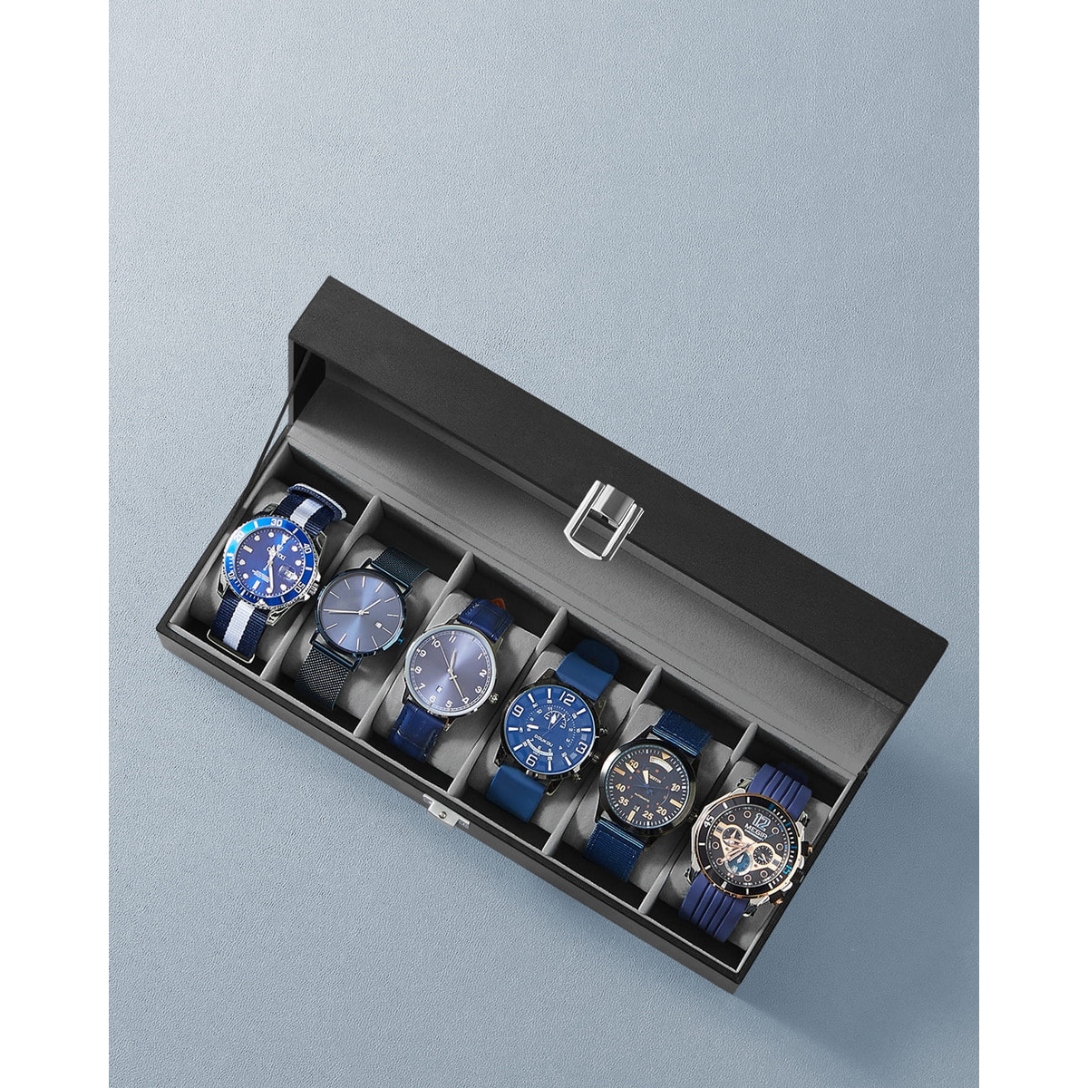 Scatola porta orologi a 6 posti in ecopelle nera
