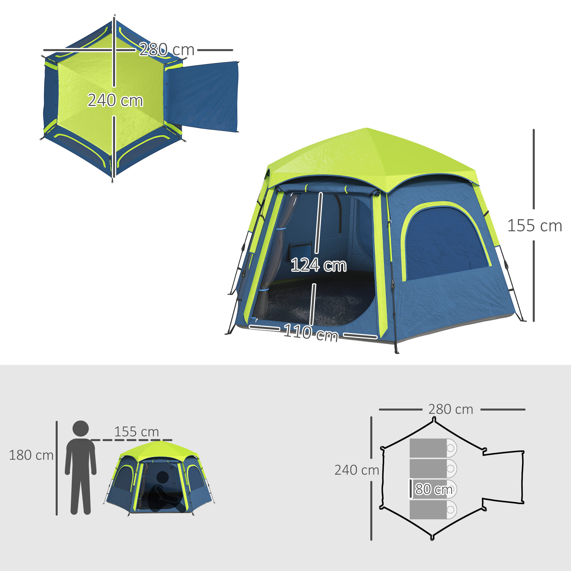 Tienda de Campaña para 2-4 Personas Tienda de Camping Plegable con Fácil Instalación Ventanas de Malla Gancho y Bolsa de Transporte Protección UV Impermeable para Senderismo Azul y Verde
