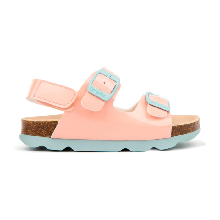 Sandalias infantiles en charol rosa con doble cierre adherente ajustable