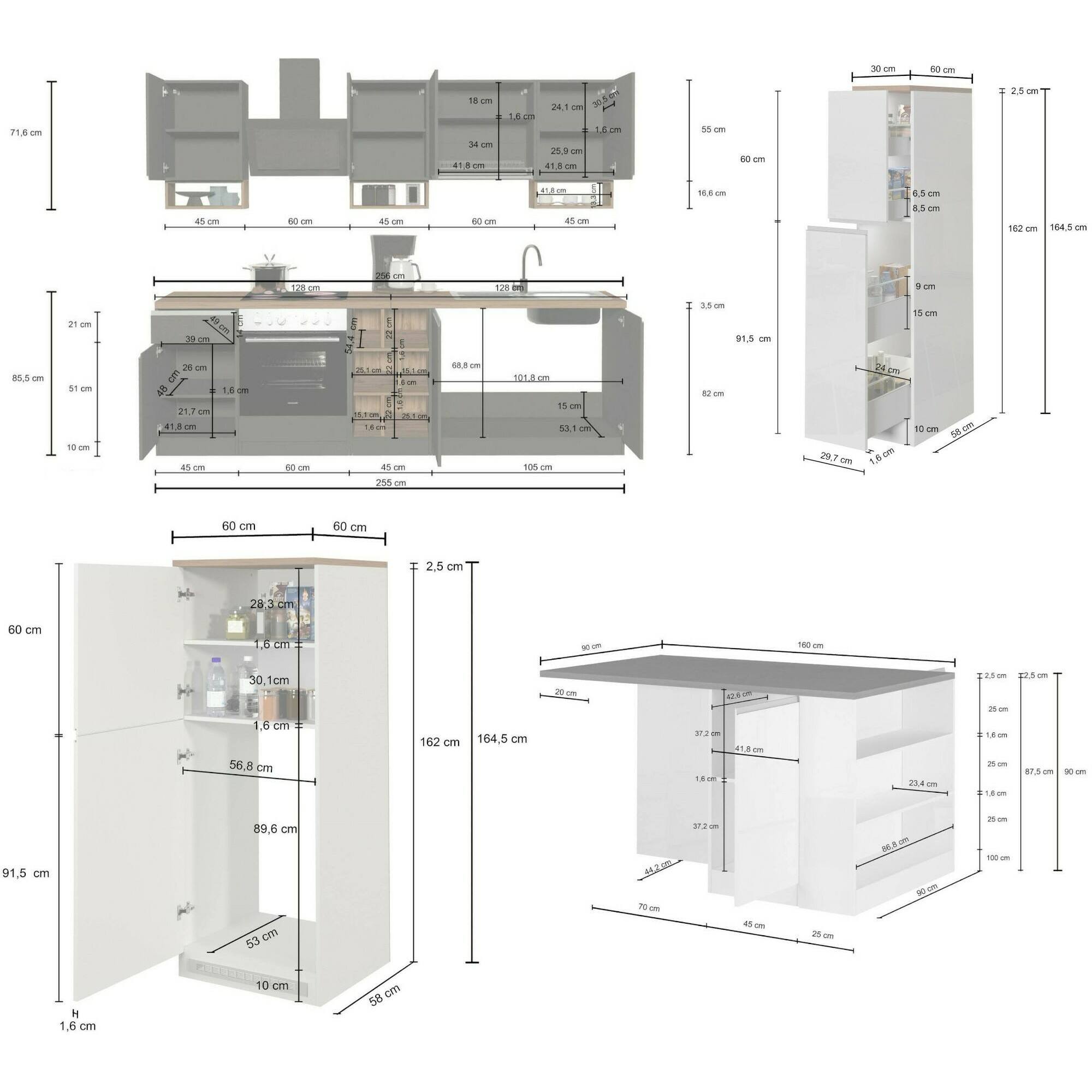 Cucina completa Dantenucc, Set da cucina modulabile, Cucina componibile con più elementi, 100% Made in Italy, Bianco lucido e Ardesia