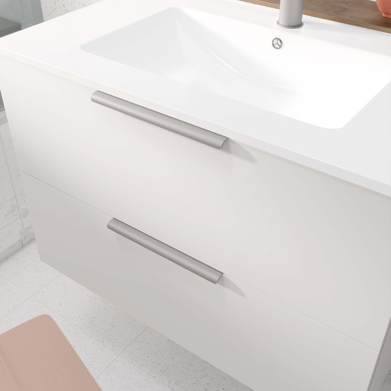 Meuble de Salle de Bains 60cm Suspendu Blanc 2 Tiroirs - Vasque Blanche - ELEMENTARY