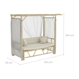 Lit à baldaquin d'extérieur en branche de teck et toile - Tika