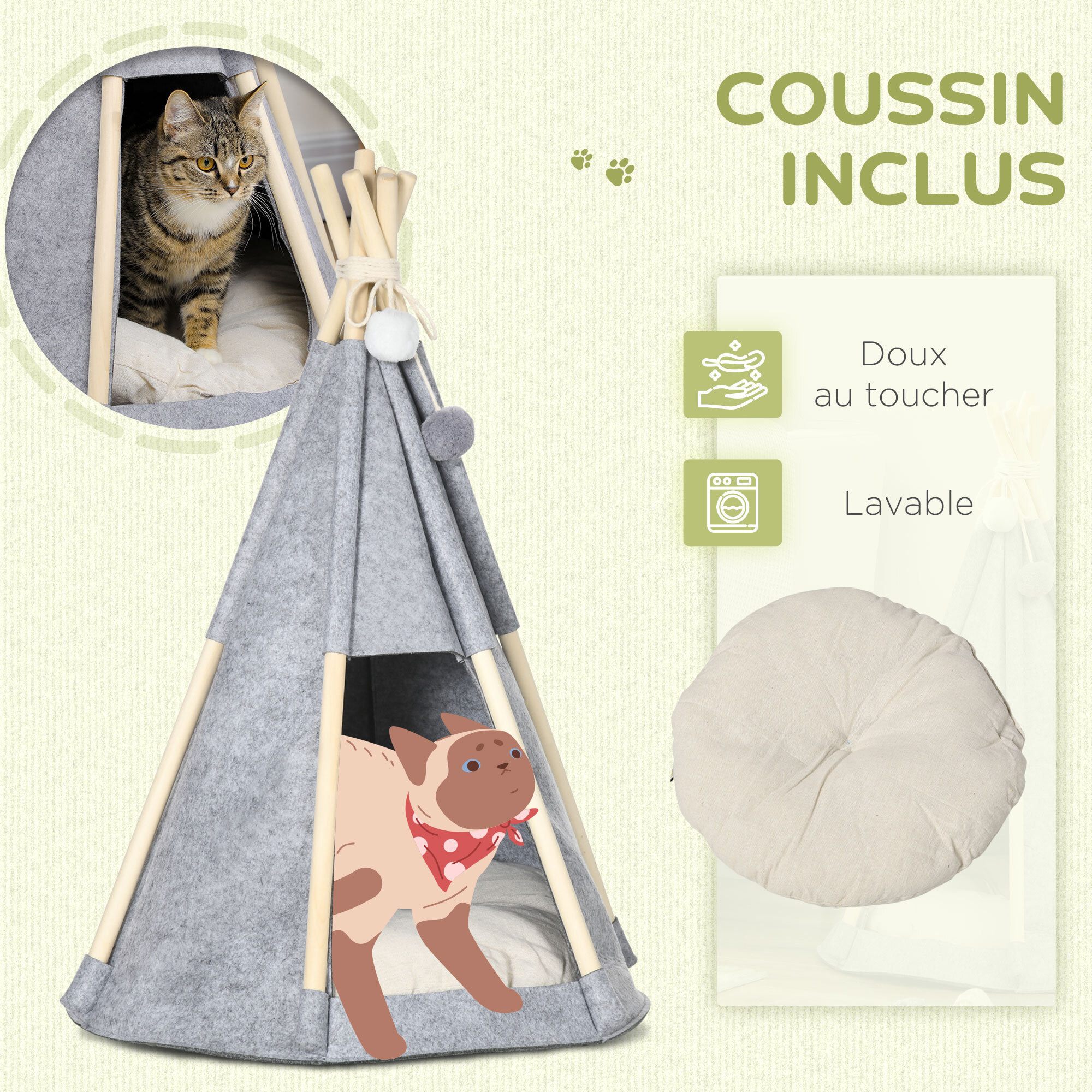 Tente tipi pour animaux - teepee chien chat - coussin épais grand confort inclus - structure bois de pin feutre polyester gris