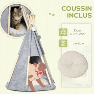 Tente tipi pour animaux - teepee chien chat - coussin épais grand confort inclus - structure bois de pin feutre polyester gris