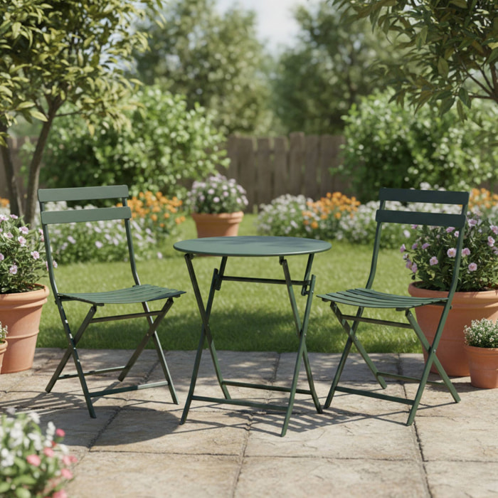 Set bistro plegable de 3 piezas (mesa 60cm + 2 sillas) en acero y verde mate, compacto para balcón