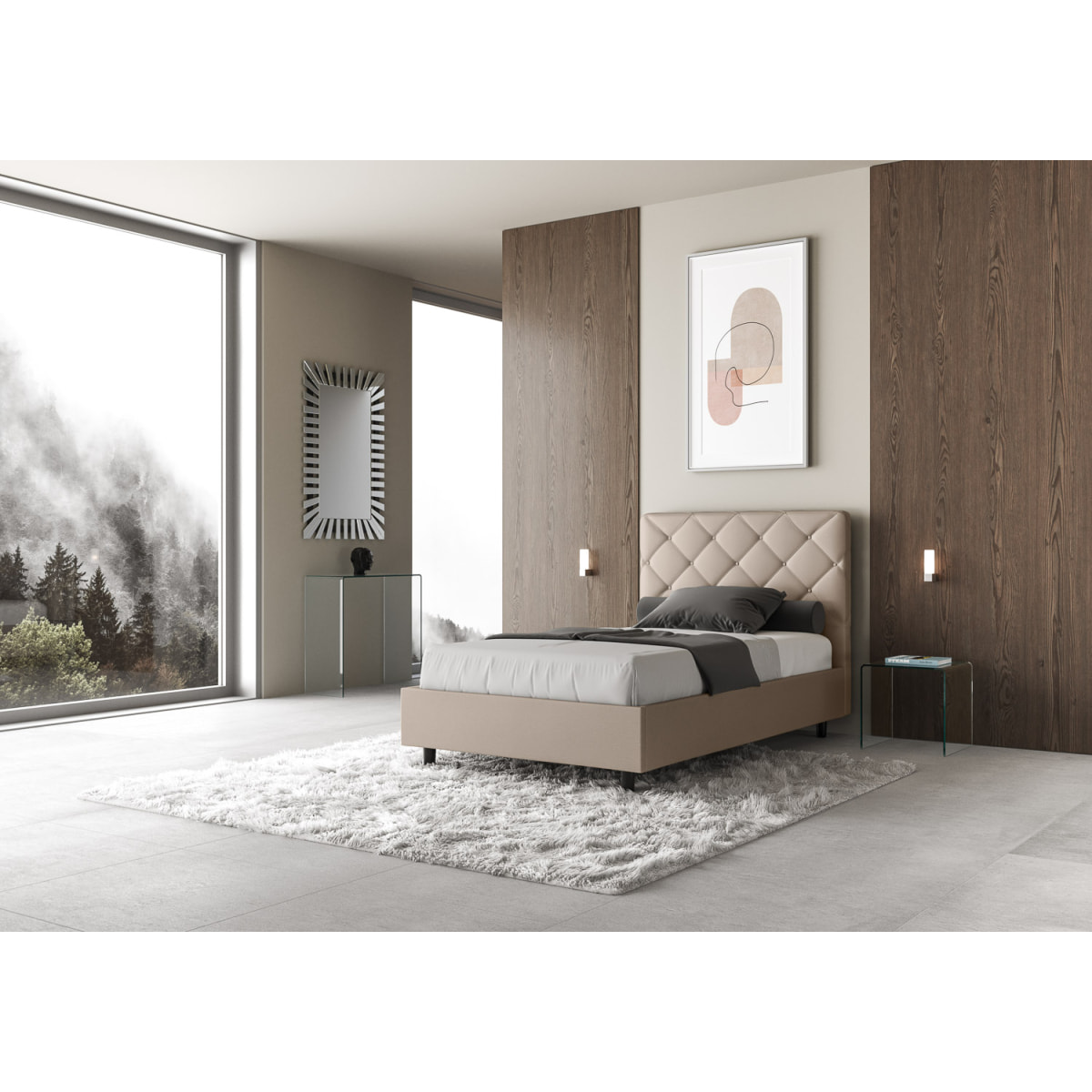 Letto una piazza e mezza senza rete imbottito 120x200 similpelle tortora Priya