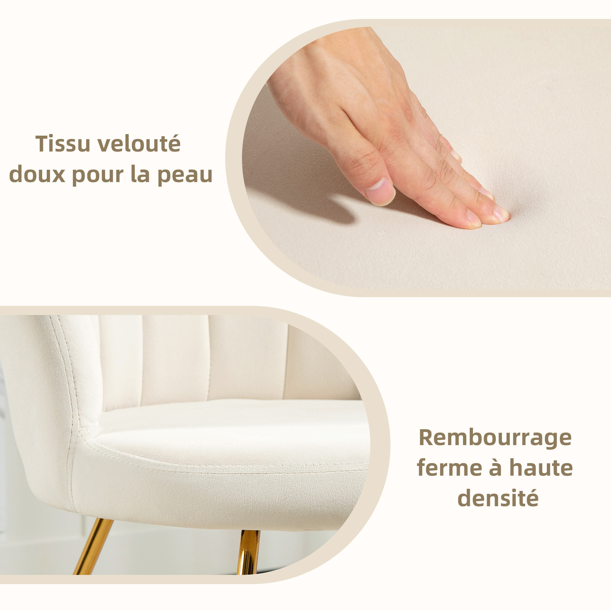 Fauteuil design coquillage piètement acier doré velours crème