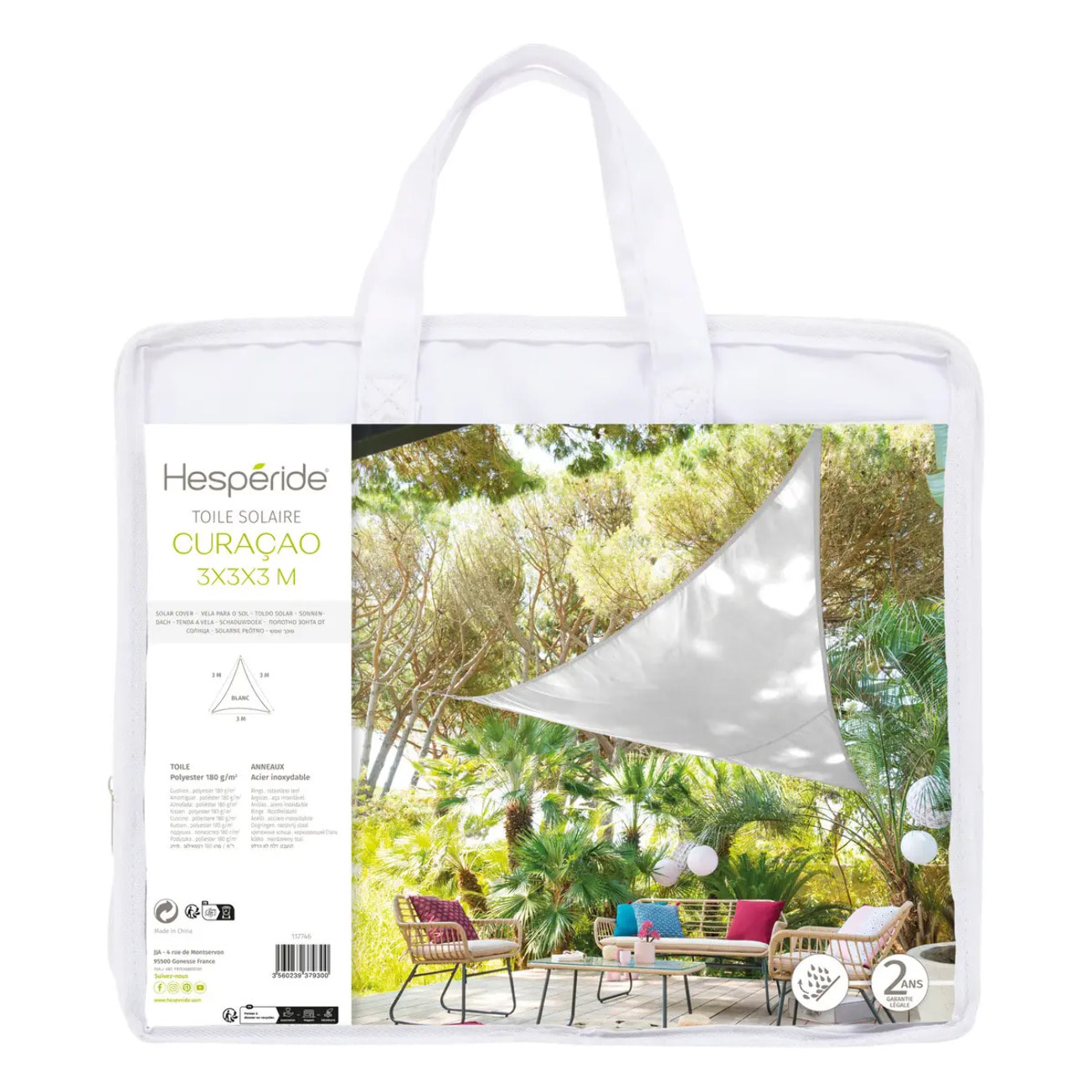 Voile d'ombrage triangulaire "Curacao" blanc 3x3x3m en polyester