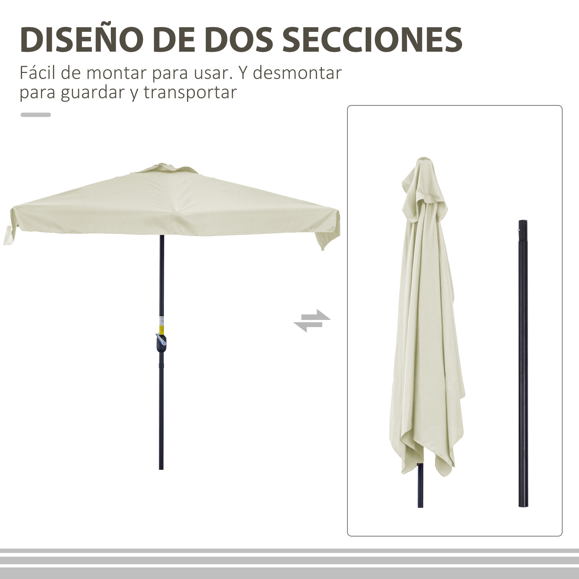 Sombrilla Rectangular 230x130x249 cm Parasol para Pared Media Sombrilla con Manivela Protección UV Impermeable Sombrilla para Balcón Terraza Jardín Crema