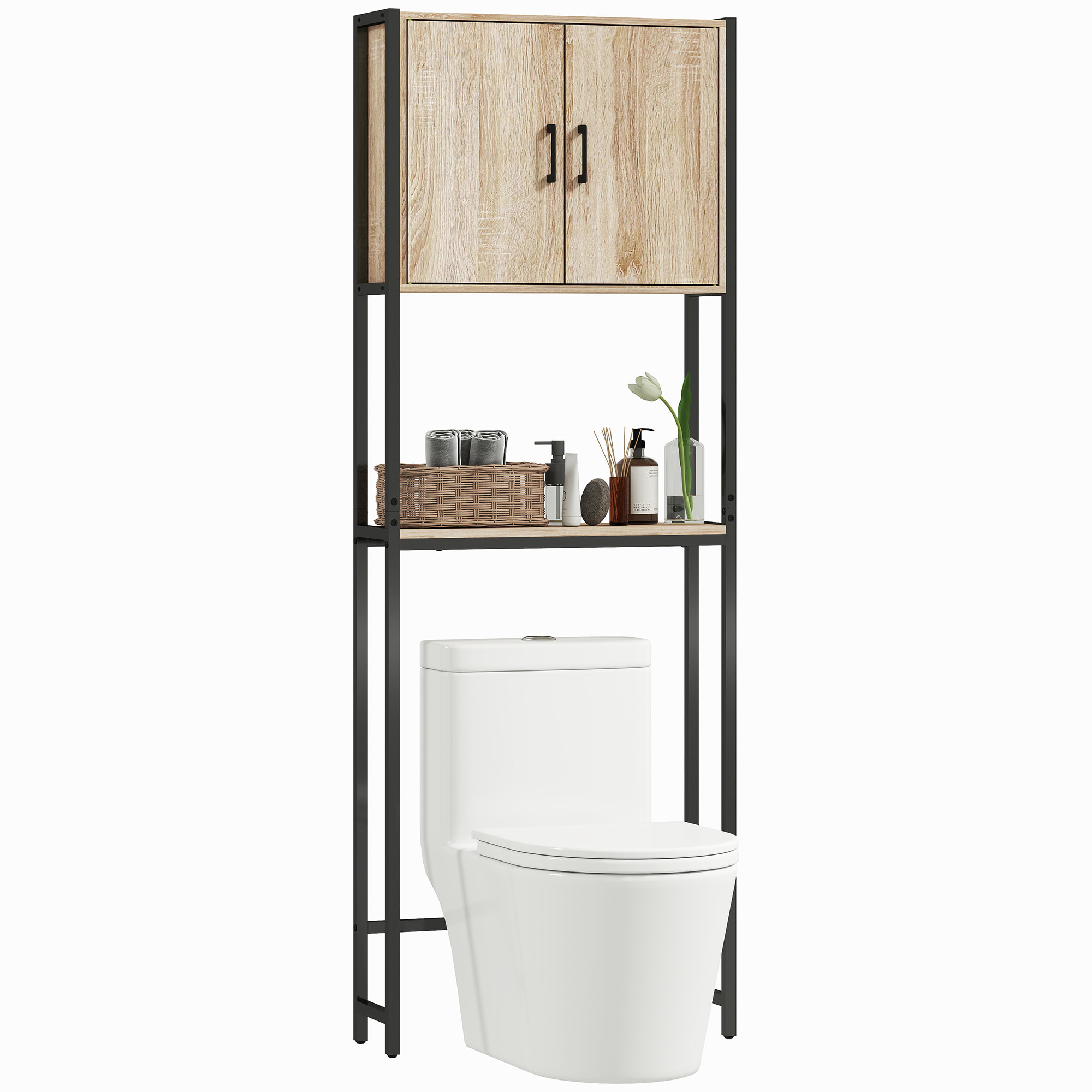 Mueble sobre Inodoro, Organizador sobre WC con 2 Puertas, Estante Ajustable, Estante Abierto, Estantería de Baño encima WC para Espacio Pequeño, 64x19x178 cm, Natural