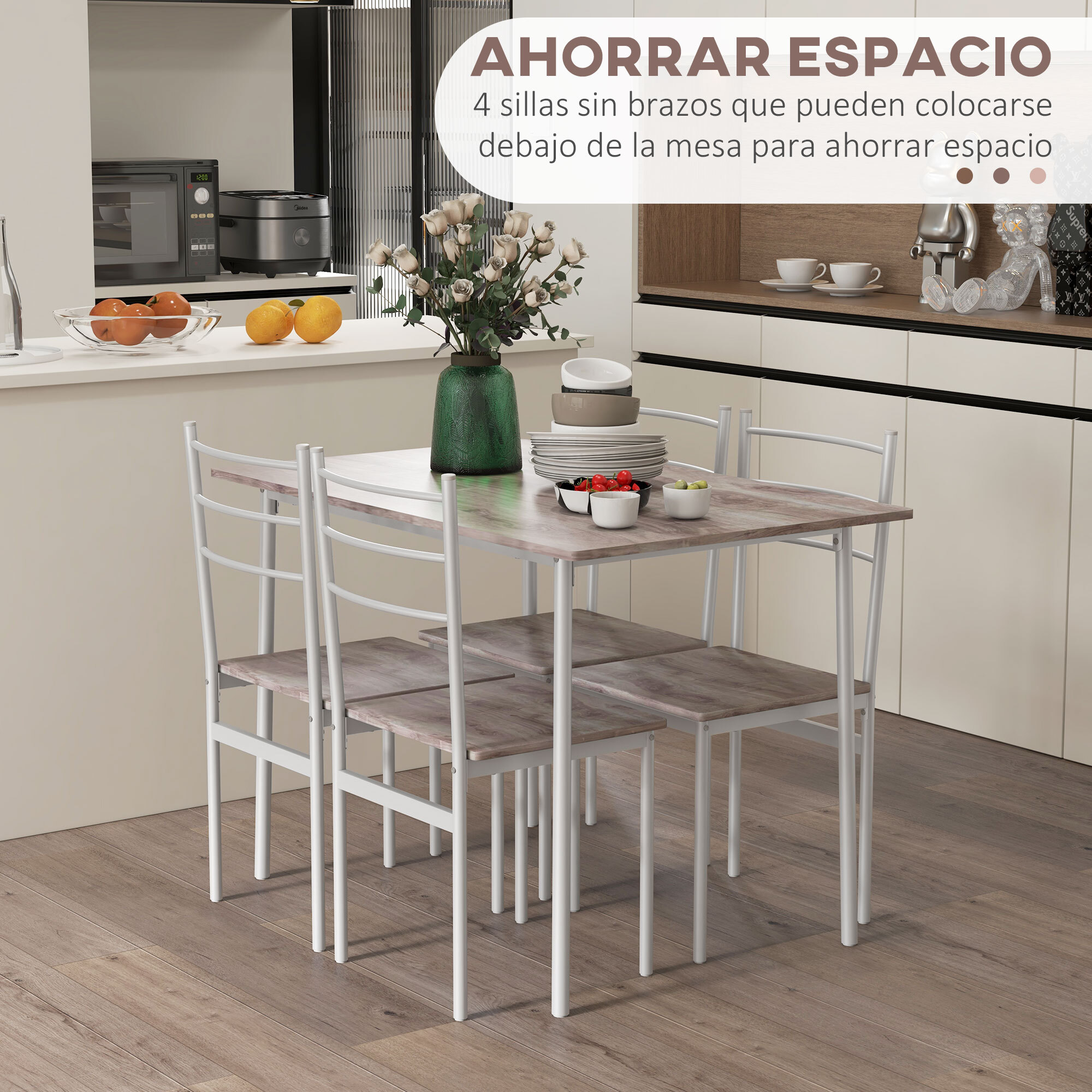 Conjunto de Comedor 5 Piezas Juego de 1 Mesa y 4 Sillas con Pies Acero para Cocina Restaurante 110x70x75 cm Madera Natural y Blanco