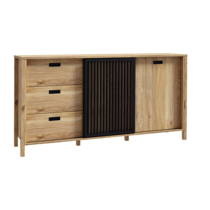 Buffet L175 cm 3 tiroirs 2 portes décor bois chêne et noir - BOSTON