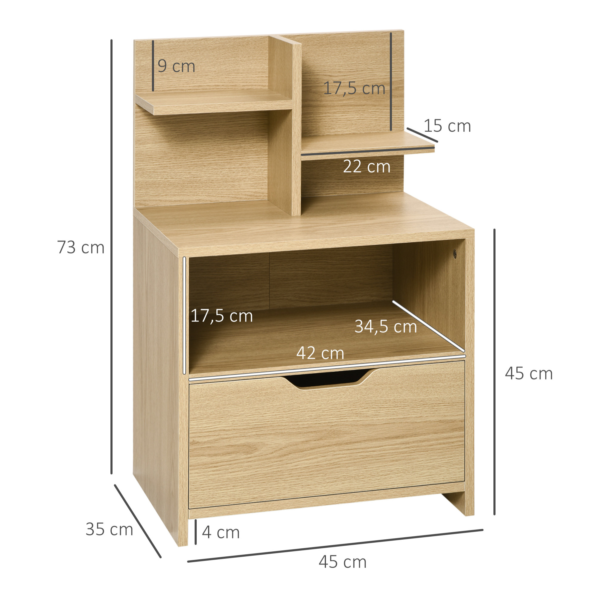 Chevet table de nuit multi-rangement tiroir niche plateau 2 étagères aspect bois de chêne clair