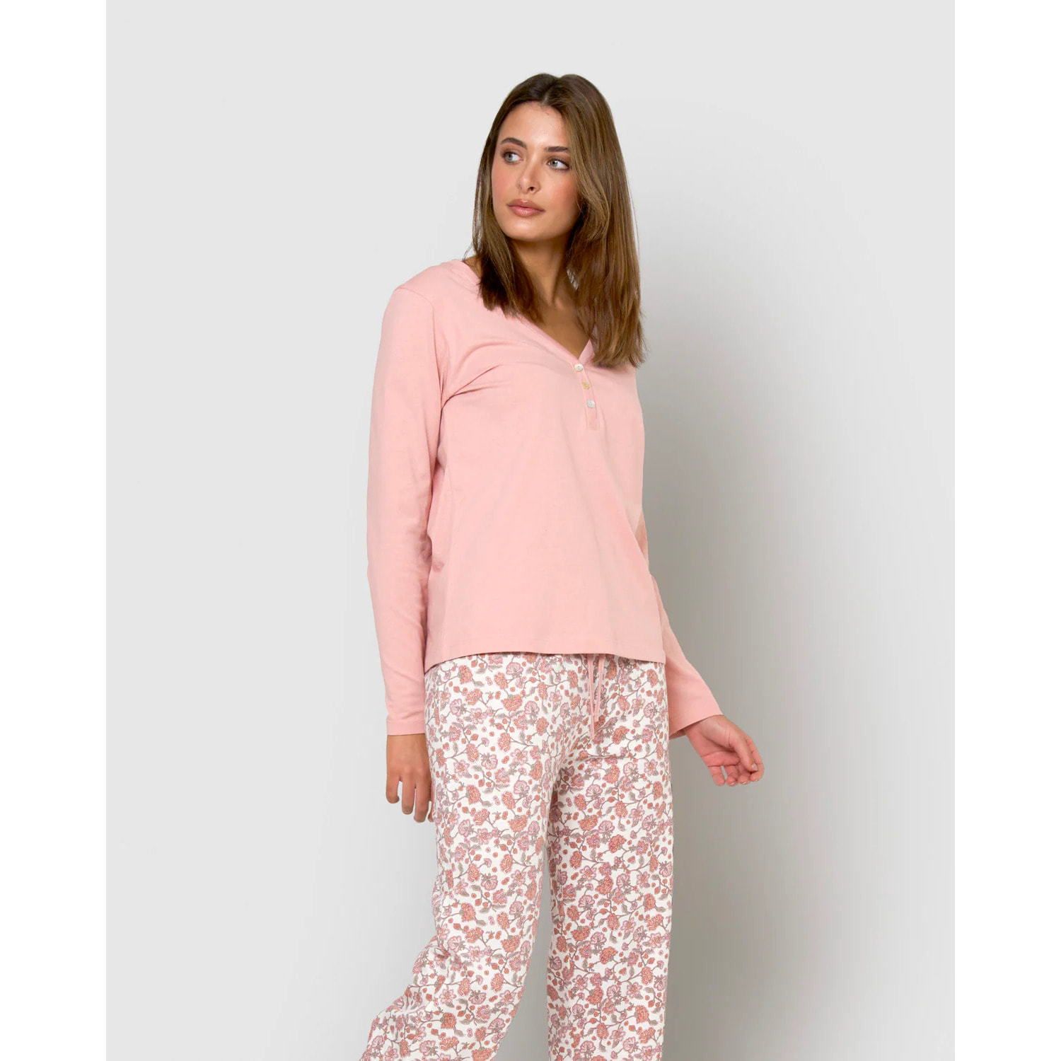 Pijama largo de algodón con escote pico meghan rosa palo