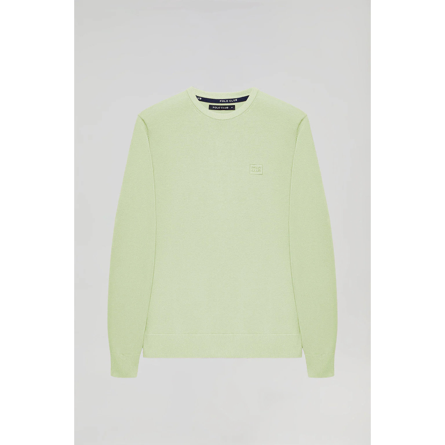 Maglione basic a girocollo verde leggero con logo ricamato tono su tono