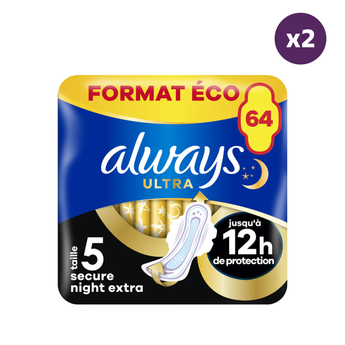 2x64 Serviettes Hygiéniques Always Ultra - Secure Night Extra