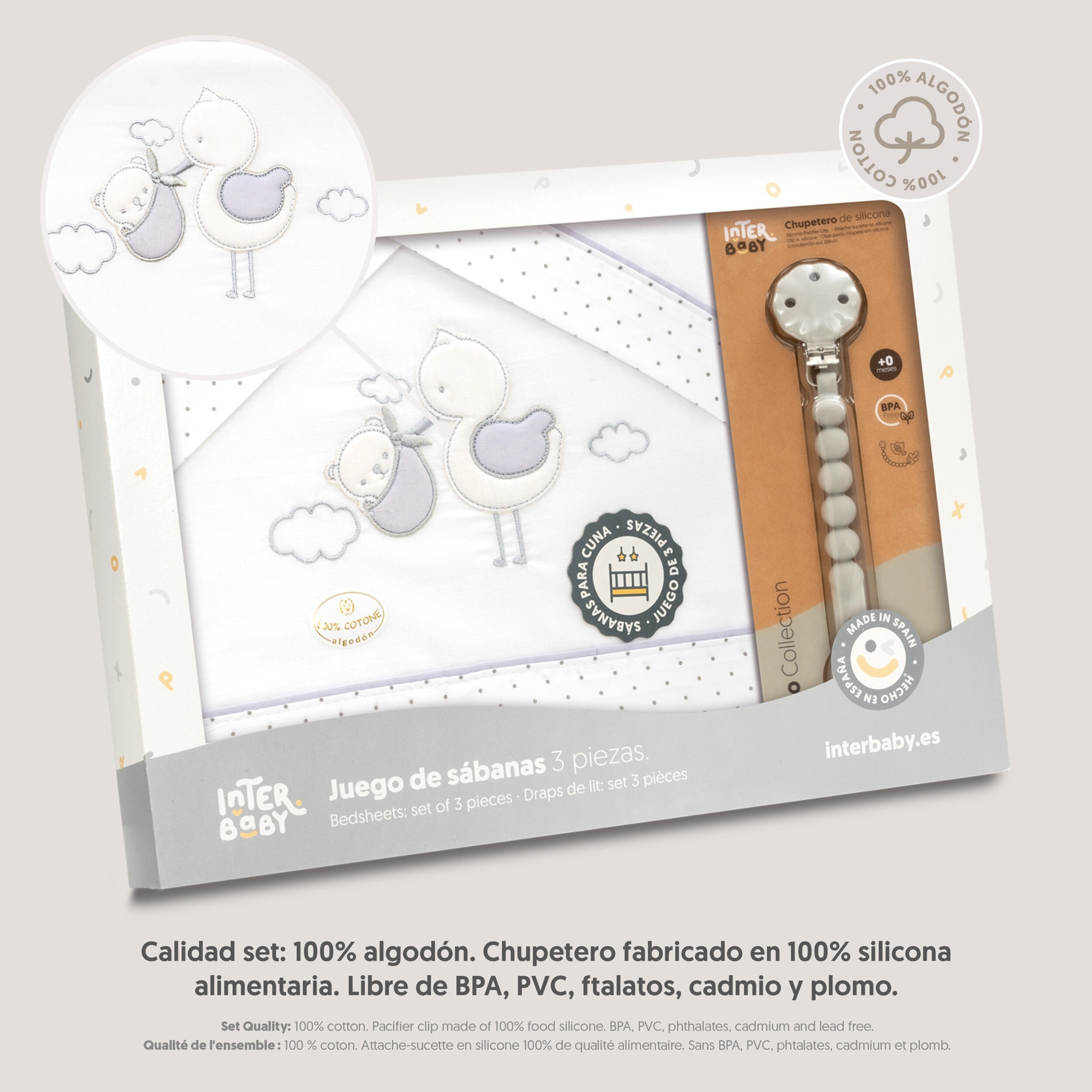 Triptico Cuna Cigueña Oso + Broche Bco/Gris