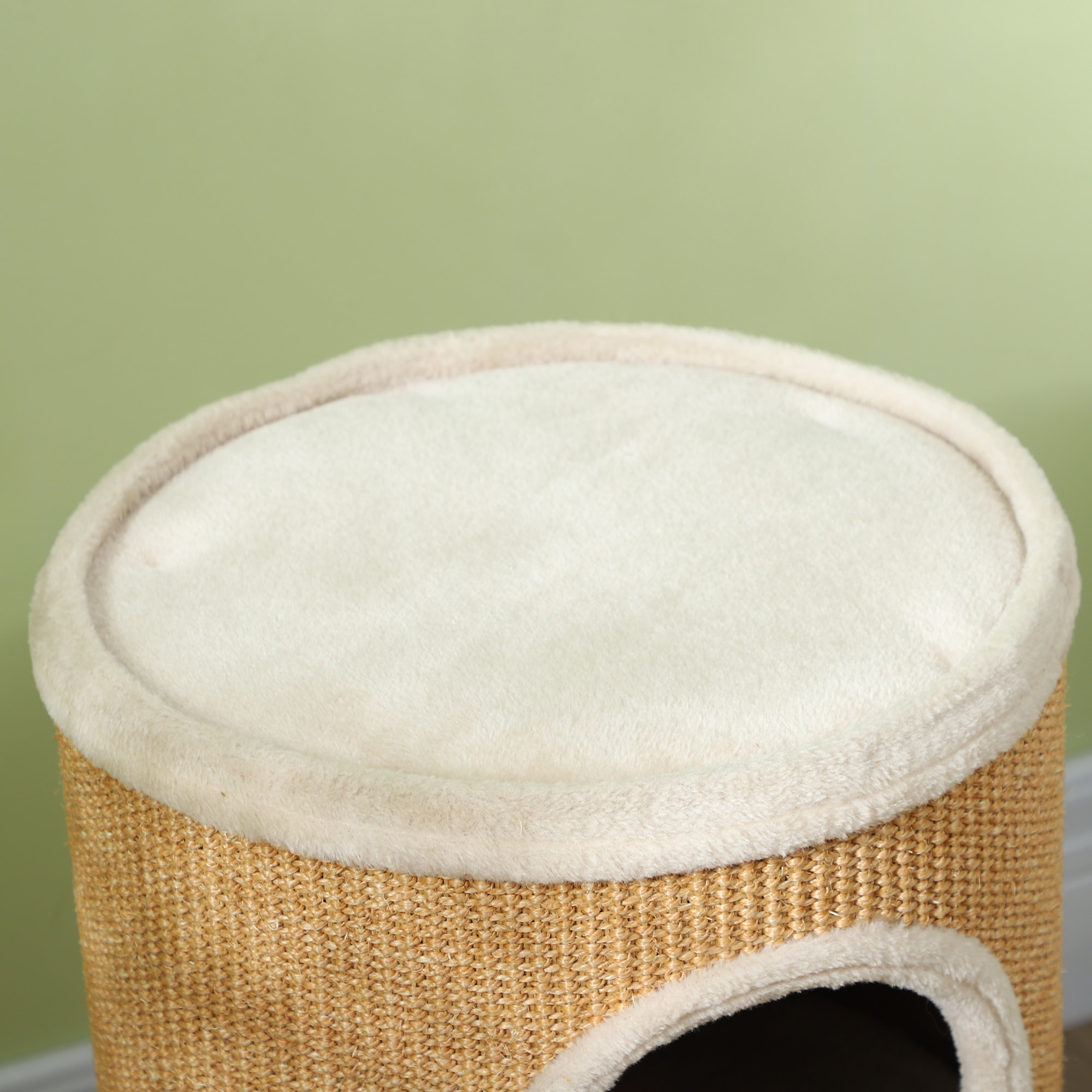 Arbre à chat cylindrique - tour à griffer pour chat - tonneau griffoir - 2 niches + plateforme - sisal peluche beige