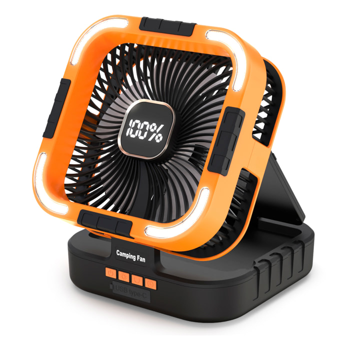 Ventilador F905 de 6 velocidades con panel solar de 3W, oscilación, pantalla LCD, 24 luces LED bicolor con 80lm, temporizador y power bank de 10000mAh.