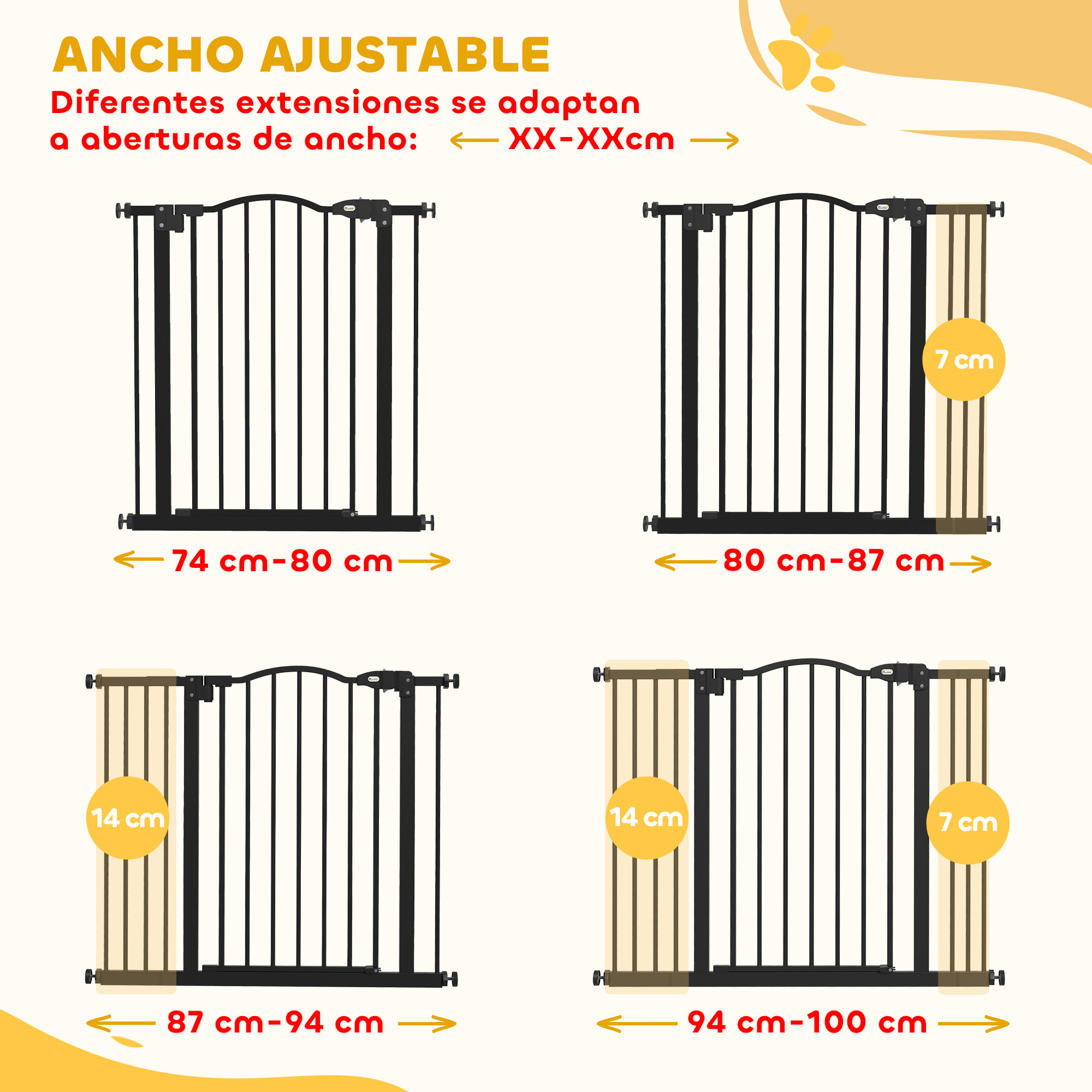 Barrera de Seguridad para Perros Extensible 74-100 cm, para Puertas y Escaleras, Barrera para Perros con 2 Extensiones 7/14 cm, Montaje a Presión y Doble Bloqueo, Negro