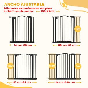 Barrera de Seguridad para Perros Extensible 74-100 cm, para Puertas y Escaleras, Barrera para Perros con 2 Extensiones 7/14 cm, Montaje a Presión y Doble Bloqueo, Negro