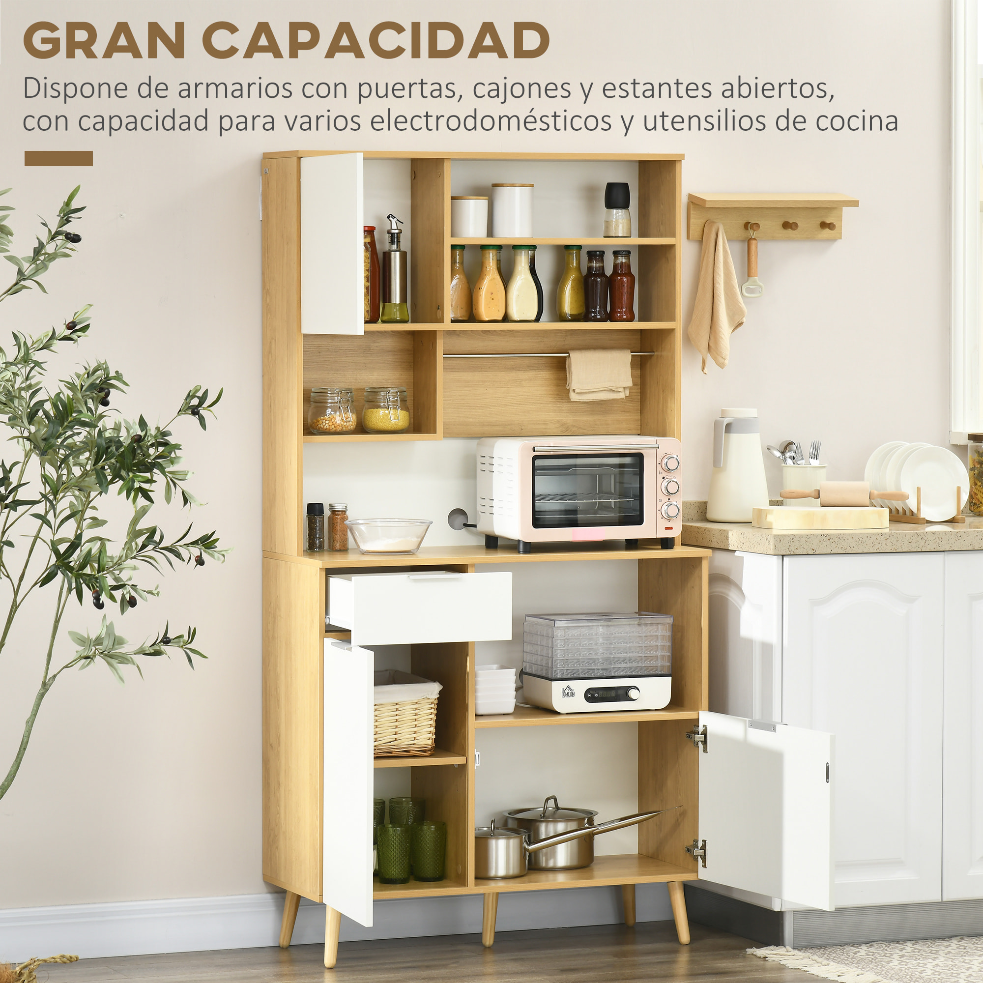 Alacena de Cocina Aparador Alto Mueble Auxiliar de Cocina con 3 Puertas Cajón Estante Ajustable Encimera para Microondas y Toallero 93x40x180 cm Natural y Blanco