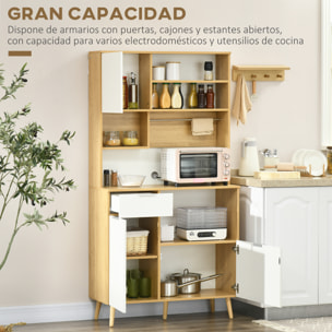 Alacena de Cocina Aparador Alto Mueble Auxiliar de Cocina con 3 Puertas Cajón Estante Ajustable Encimera para Microondas y Toallero 93x40x180 cm Natural y Blanco