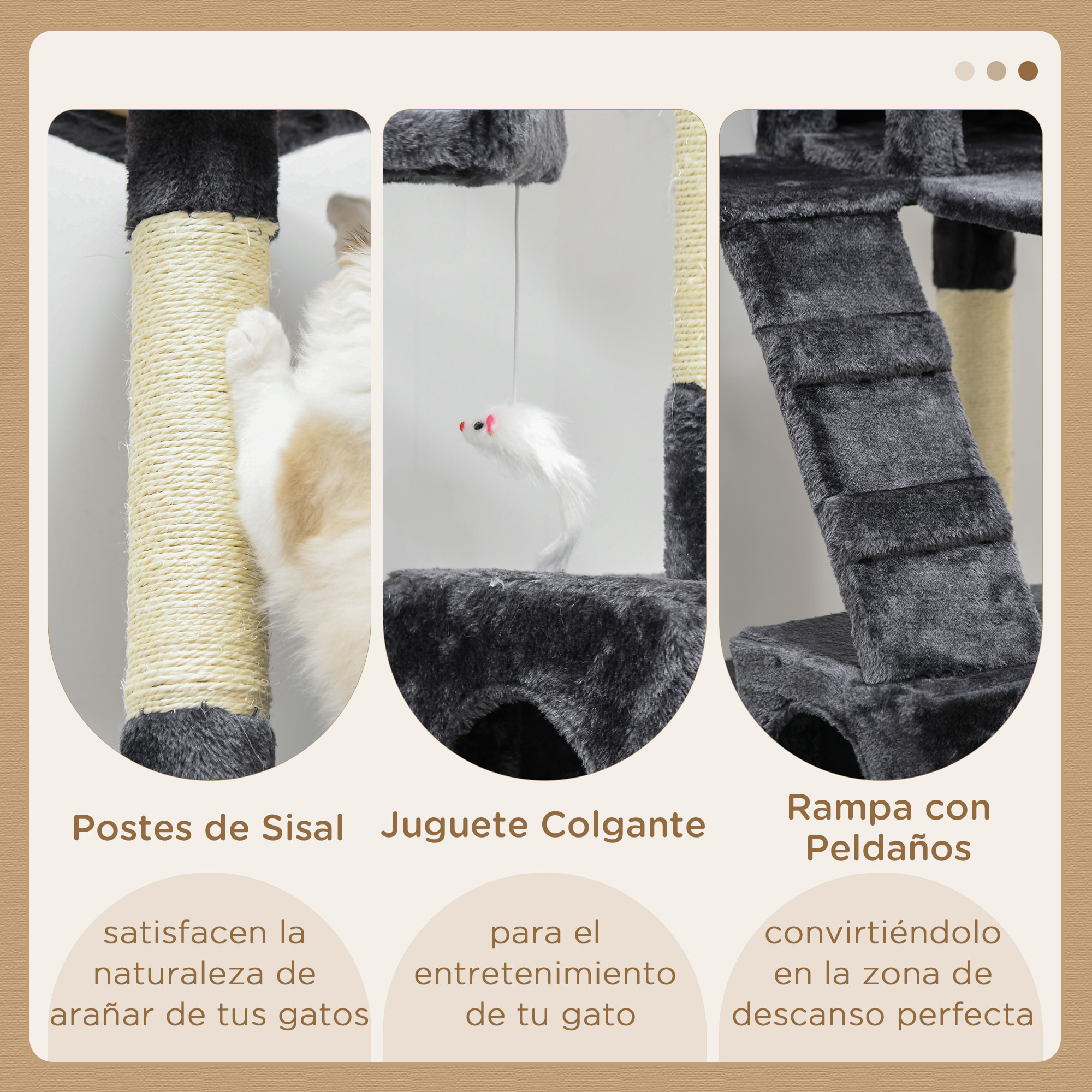 Árbol Rascador para Gatos Grande 49x49x173 cm con Múltiples Niveles con Cuevas Escaleras Juguetes Colgantes Camas Centro Actividades Sisal Beige