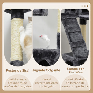 Árbol Rascador para Gatos Grande 49x49x173 cm con Múltiples Niveles con Cuevas Escaleras Juguetes Colgantes Camas Centro Actividades Sisal Beige