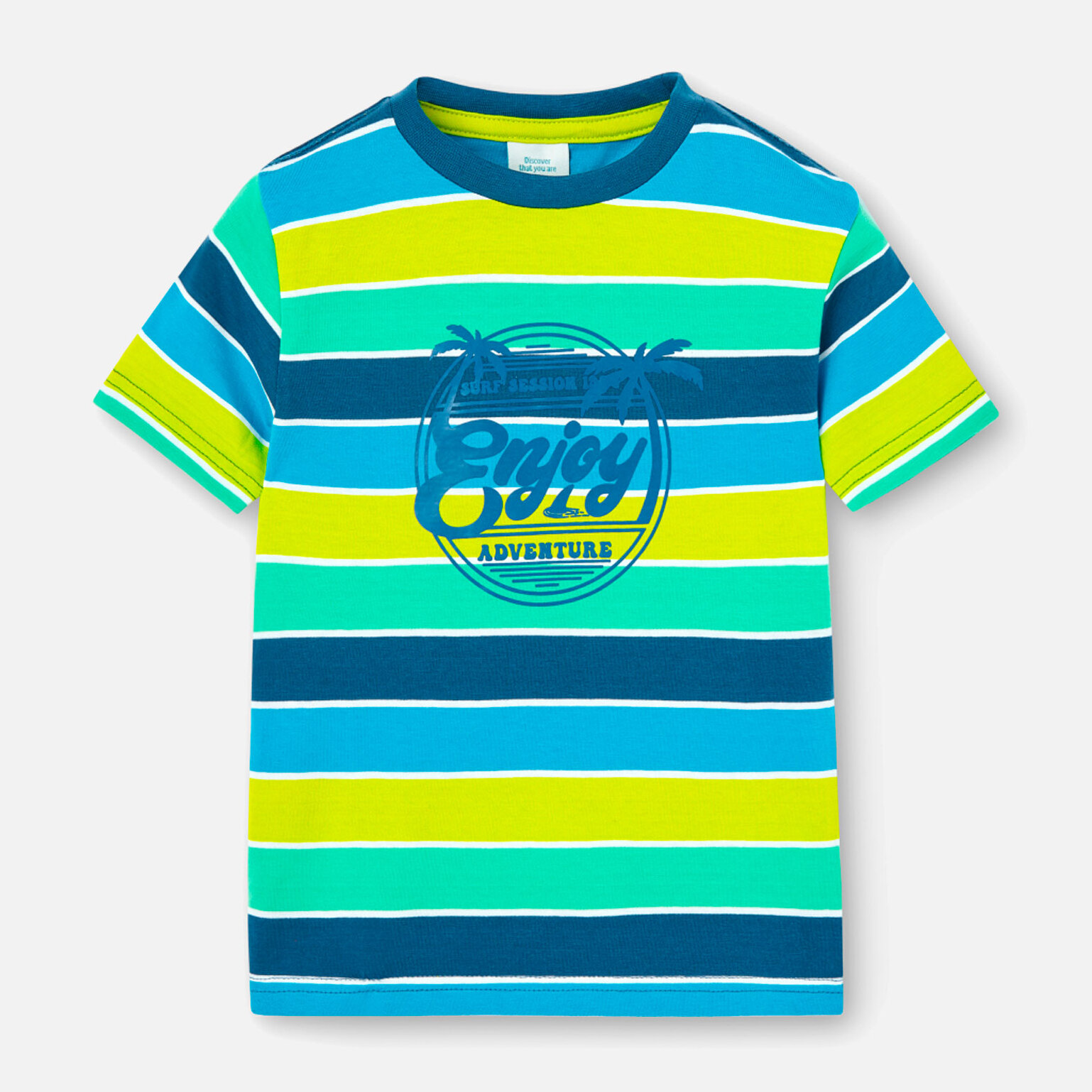 Camiseta listada niÃ±o, algodÃ³n, estampado de rayas, verde