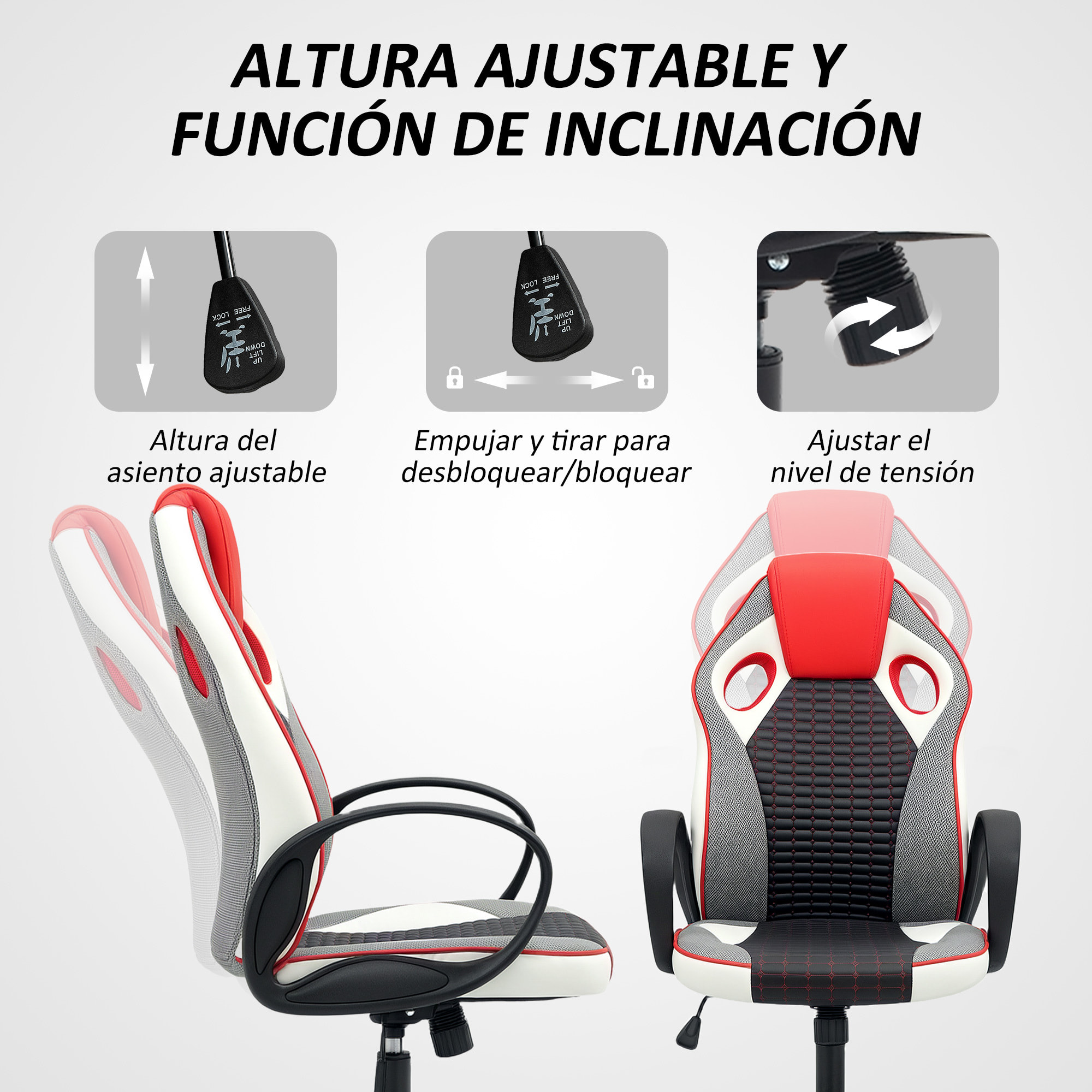 Silla Gaming Tapizada en PU y Malla Silla Gamer Giratoria con Función de Basculante Altura Ajustable para Hogar Oficina Estudio Multicolor