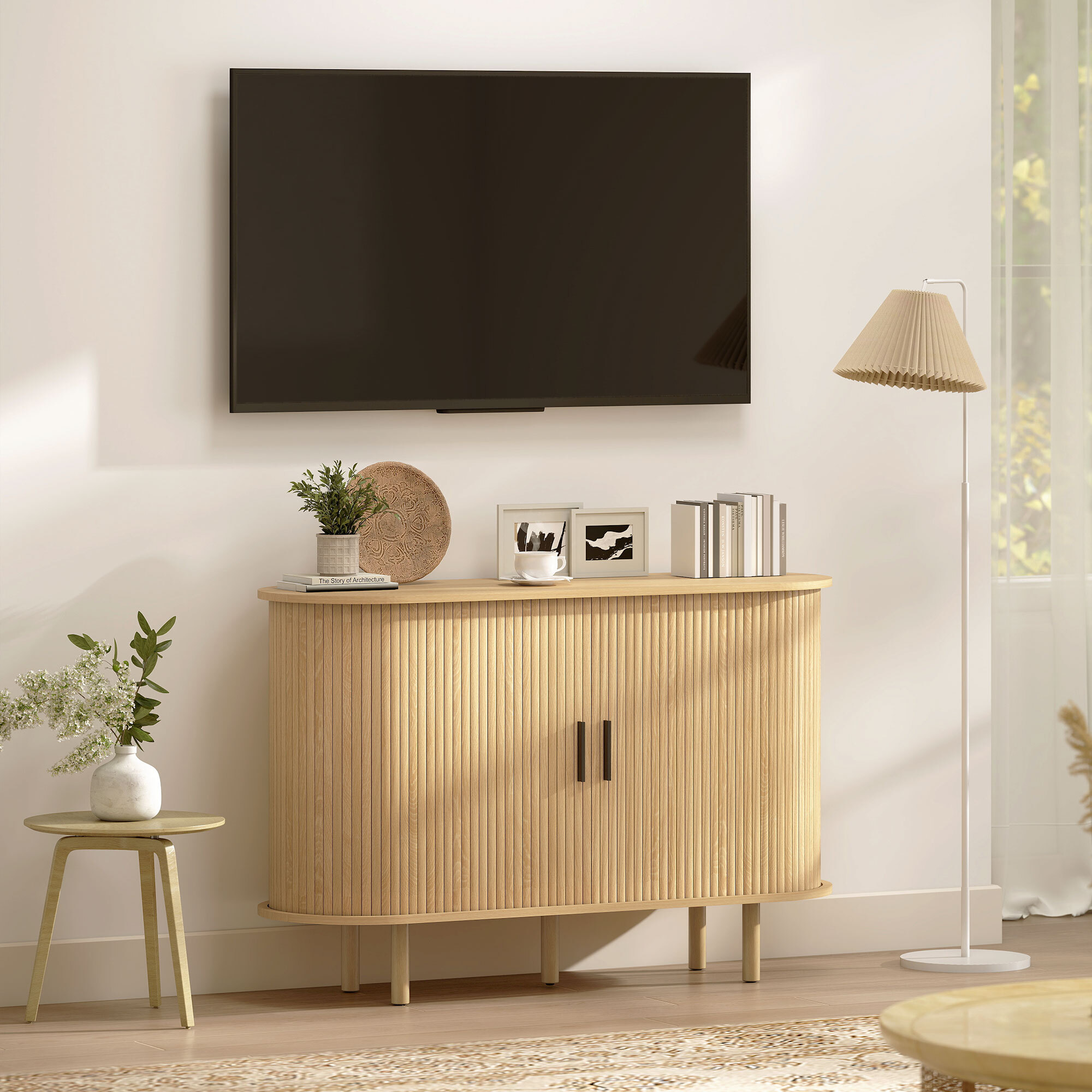 Aparador con Puertas Tambour Deslizantes, Aparador para Salón Moderno, con 4 Compartimentos y Patas de Madera, para Cocina, Entrada, Dormitorio, Roble, 120x40x78 cm