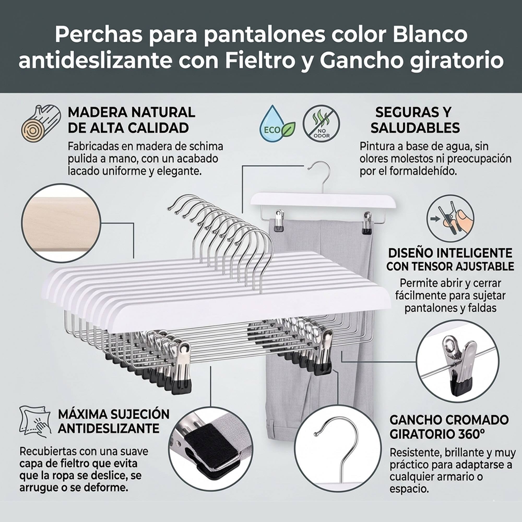 Set de perchas para pantalones - Acabado en madera antideslizante - Gancho giratorio - Color Blanco