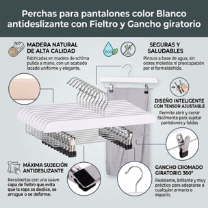 Set de perchas para pantalones - Acabado en madera antideslizante - Gancho giratorio - Color Blanco