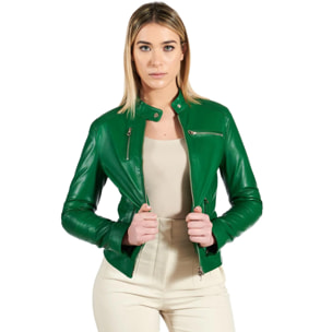 Giacca biker in pelle naturale verde effetto liscio