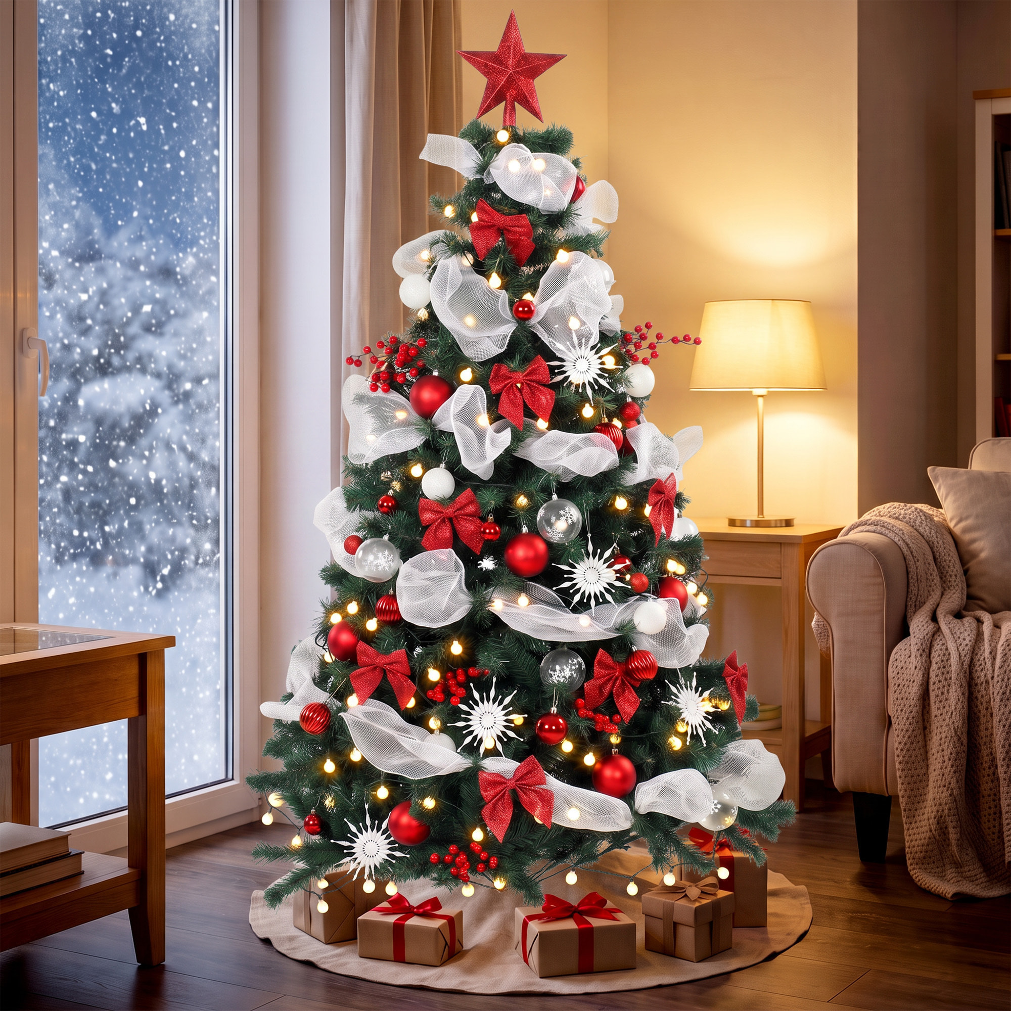 HOMCOM Árbol de Navidad con 200 LED Blanco Cálido 180 cm Árbol de Navidad Predecorado, 800 Ramas Abatibles, 8 Modos, Bolas, Cintas, Lazos, Mando, Base Metálica Plegable, Funciona con USB, Verde y Rojo