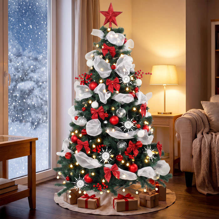 HOMCOM Árbol de Navidad con 200 LED Blanco Cálido 180 cm Árbol de Navidad Predecorado, 800 Ramas Abatibles, 8 Modos, Bolas, Cintas, Lazos, Mando, Base Metálica Plegable, Funciona con USB, Verde y Rojo