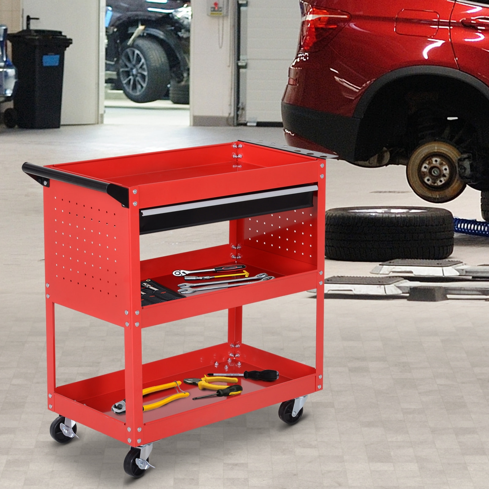 Carro de Taller, Carro de Herramientas con 3 Bandejas y Cajón, Ruedas con Frenos, Asa Lateral, Panel Lateral Perforado, para Garaje Mecánico, Hogar, Rojo