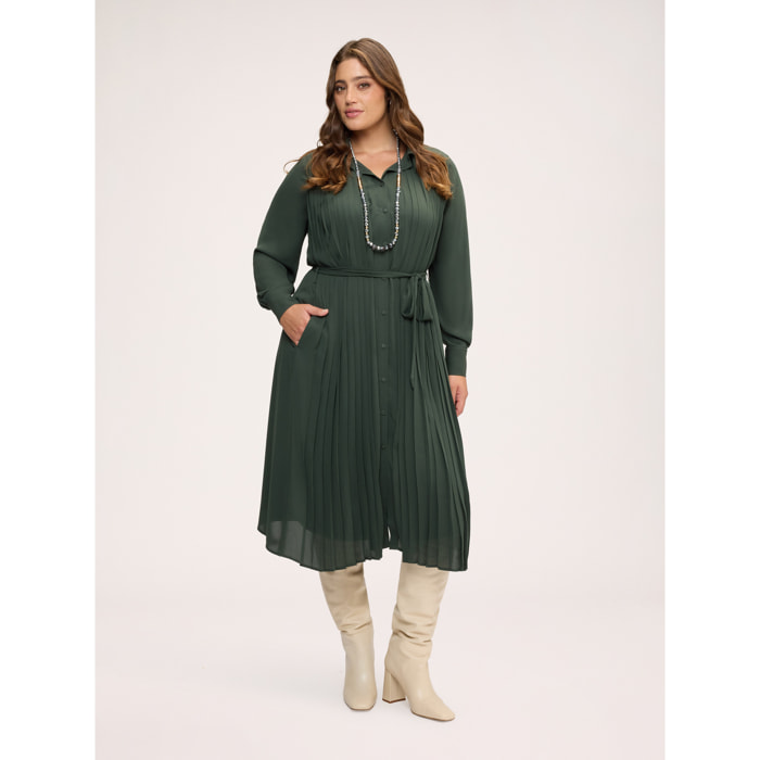 Fiorella Rubino - Vestito lungo chemisier plissé in georgette - Verde militare