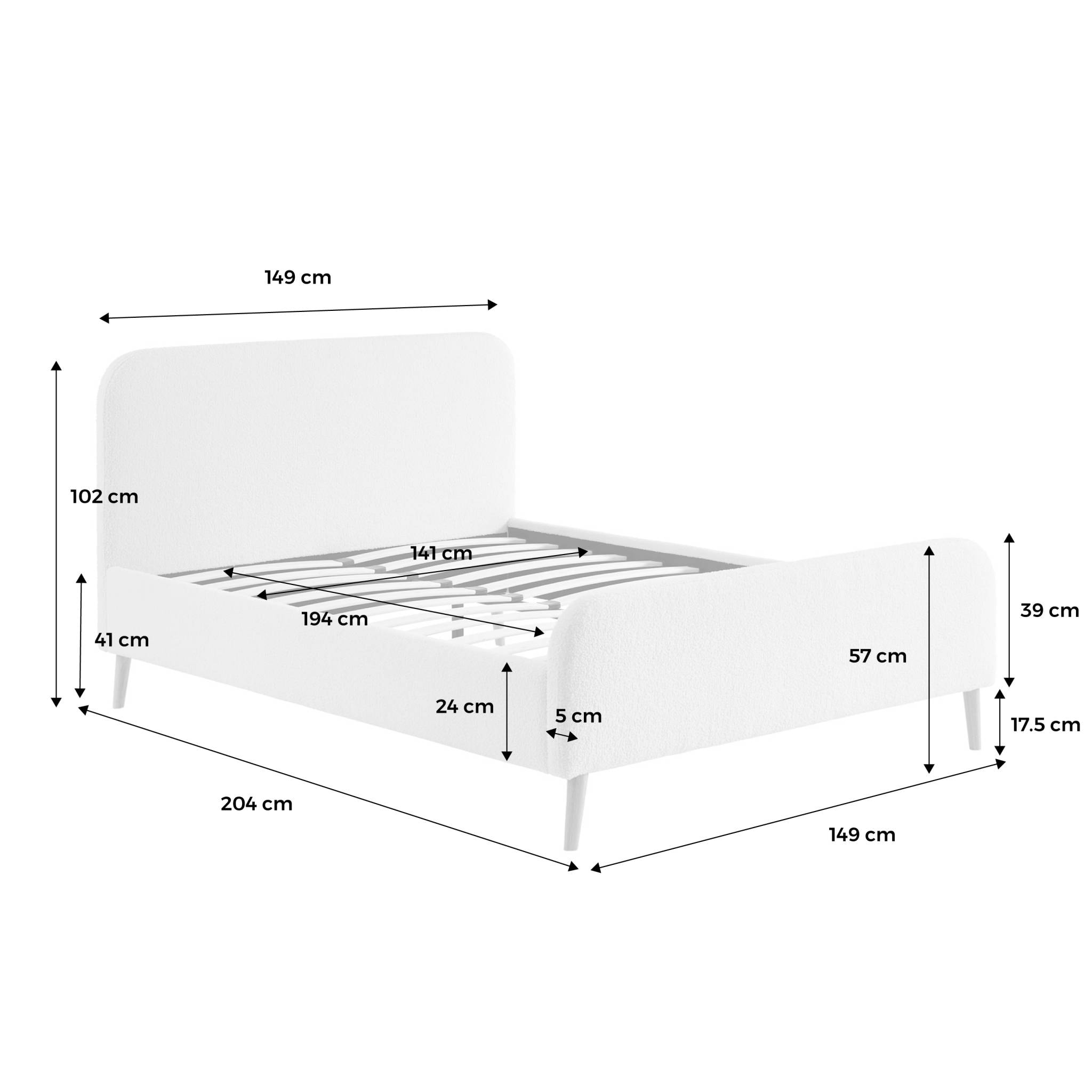Lit avec sommier et tête de lit rembourrée 140 x 190 cm bouclette FINN