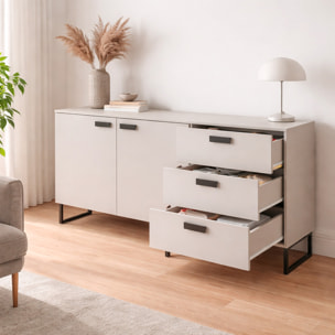 Madia con 2 Ante 3 Cassetti E Ripiani Interni Mobile Soggiorno Moderno In Melaminico Con Maniglie E Piedini Neri 184 x 86 x 40 Cm Cashmere