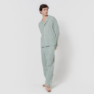 Pigiama lungo stile camicia in cotone a righe verde acqua schon