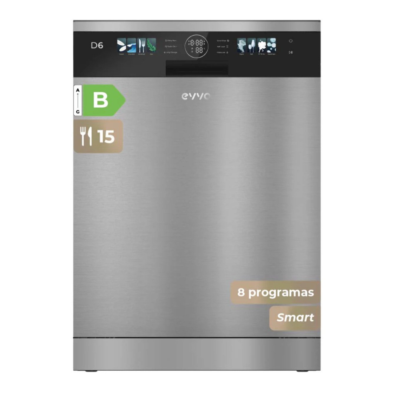 Lavavajillas EVVO D6X Inox 60cm, 15 Cubiertos, Clase B, Apertura Auto, Luz UV, Inox