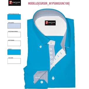 Camicia Uomo 2 Bottoni Button Down Slim Popeline Stretch Unito Turchese