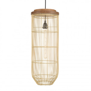 ALIDA - Suspension 'longue' 25x25cm rotin couleur naturelle et teck